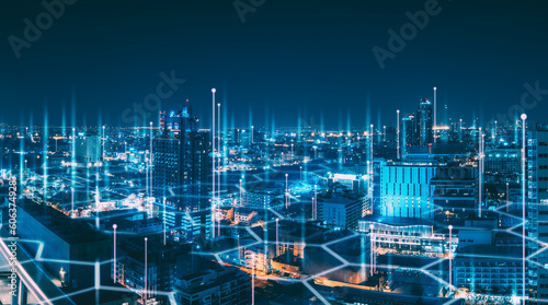 Smart Network and Connection city of Pattaya Thailand at night