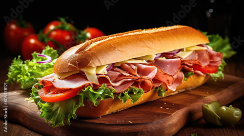 Submarine sandwich with ham, cheese, lettuce, tomatoes,onion, mortadella and sausage on wooden table. Generative Ai