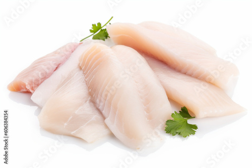 prepared pangasius fish fillet pieces isolated on white