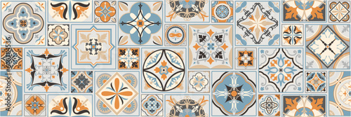 Set of patterned azulejo floor tiles. Abstract geometric background. Vector illustration, seamless mediterranean pattern. Portuguese floor tiles azulejo design. Floor cement talavera tiles collection