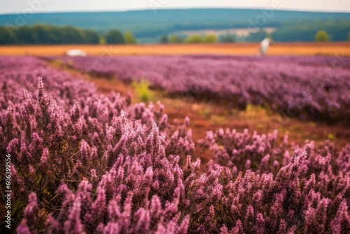 A purple heather field in selective focus during daytime. (Generative AI)