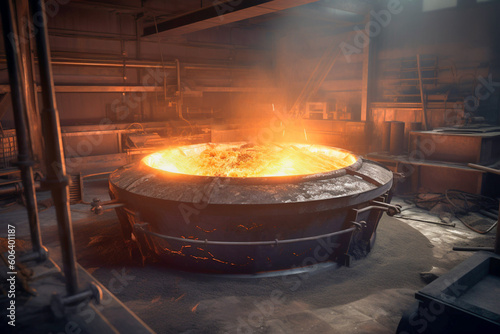 Process of melting metal in a blast furnace. Metallurgical production in the hot shop at the plant. Ladle with high temperature full of liquid metal for feeding metal into molds. Generative AI