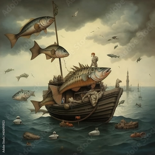 Fantasy sky by day with flying fishes and vessels, surreal illustration. AI generation..