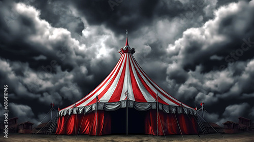 Red and white circus tent, dark clouds in the background, scary gloomy atmosphere. Ai illustration, fantasy digital painting, Generative AI
