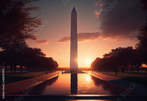 illustration of obelisk White house Washington DC Capitol dome detail with waving american flag. AI