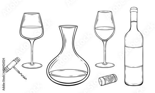 Set of wine glasses decanter cork bottle opener hand drawn vector illustration
