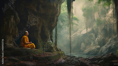 A monk sitting on a rock in front of a cave, thailand Generative AI