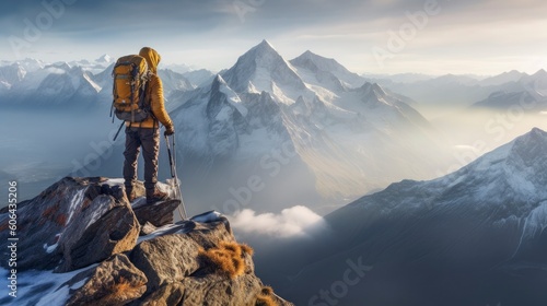 A man on top of a mountain looking at view. Generative AI