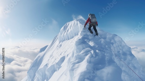 Mountain climber on a steep narrow snow ridge. Generative AI