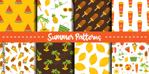 Vector set of summer seamless patterns. Beach holiday backgrounds. Sunscreen, ice cream, watermelon, lemon, palm tree and other summer elements. Happy summer pattern big collection.
