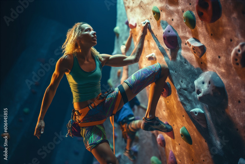 couple of athletes climber moving up on steep rock, climbing on artificial wall indoors. Extreme sports and bouldering concept. Generative AI 
