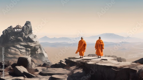 Two wise buddhist monks in orange robes admiring the landscape and beautiful view from the mountain. Concept of contemplation of own life. Karma, incarnation, spirituality. Generative AI.