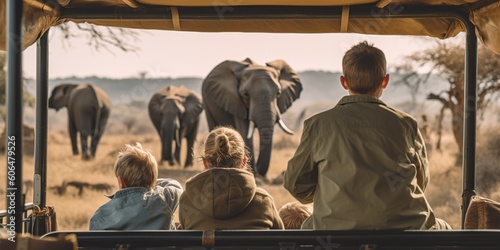 A family watching a herd of elephants from their safari vehicle in the african savannah, concept of Biodiversity conservation, created with Generative AI technology
