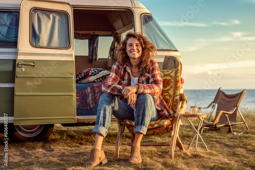 Beautiful girl sitting in front of her camper caravan on a summer day on vacation