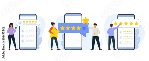 Vector illustration set of consumer review and 5 stars rating. Customers feedback concept. People collection of scenes in flat design.