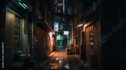 A narrow alley with a sign on the side of it. Generative AI image.