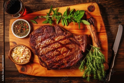 Ribeye Steak Dish on a wooden table. Created with Generative AI technology.