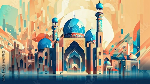 Art Deco Retrospective: Abstract Layered Mosque with Musical and Architectural Influences generated with generative AI