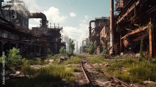 Desolate and post - apocalyptic environment with crumbling structures, overgrown vegetation, and remnants of advanced technology