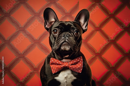 A captivating wallpaper featuring a charismatic French Bulldog wearing a stylish bowtie and posing with a whimsical backdrop. Generative AI. 