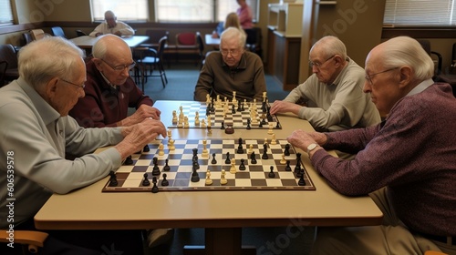 A group of seniors gathered together for a game of chess, enjoying each other's company and sharp minds. Generative AI
