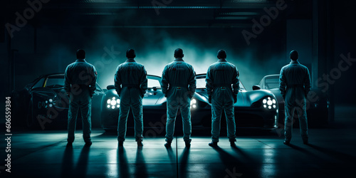 Serious broad-shouldered men in white rompers stand near the race cars. Rear view of sportsmen indoors. Generative AI.