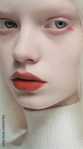 Close up sensual portrait of beautiful albino female model. Beauty, fashion, skincare, cosmetics, wellness concept. Well-kept skin, fresh look, details. AI generative