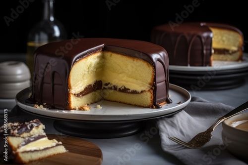 Decadent Boston Cream Pie served with slice missing on white platter with blurred background. AI Generated