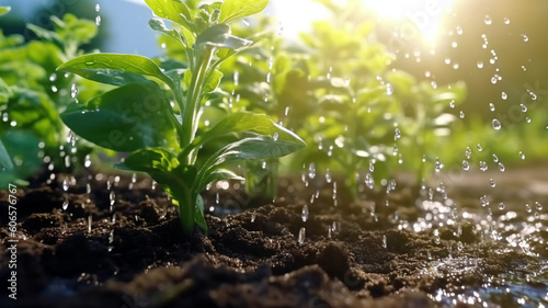 Watering plants and vegetables in the field, drip irrigation, close-up, Generated AI