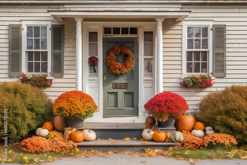 Cute and cozy cottage with fall decorations, pumpkins on the front porch and a wreath, generative AI