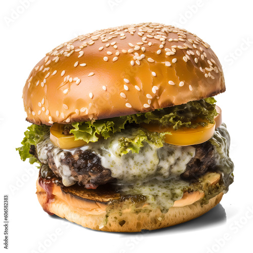 moldy unhealty spoiled burger, isolated background. Generative Ai