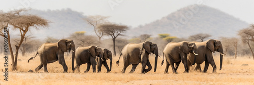 A herd of elephants in Africa. Banner. ai