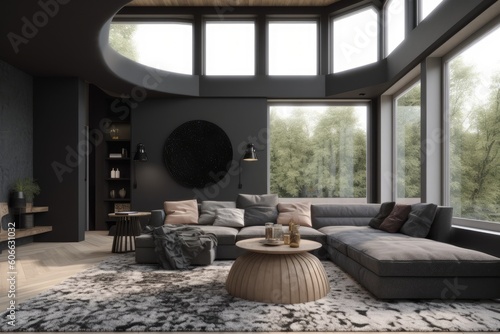 Luxury Moody Living Room Interior with Sustainable Coffee Table and Open Transom Windows Made with Generative AI