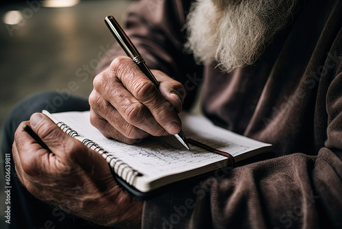 an old man holding a pen and writing on a note book with his hand resting on the page in front of him. Generative Ai