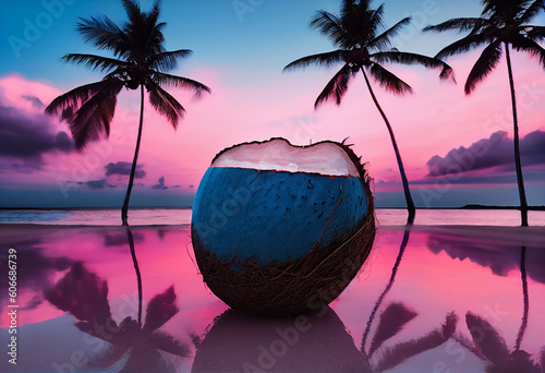 coconout with blue sea and pink sky Generative AI
