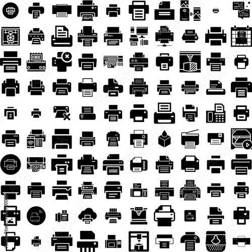 Collection Of 100 Printer Icons Set Isolated Solid Silhouette Icons Including Document, Printer, Machine, Paper, Technology, Office, Print Infographic Elements Vector Illustration Logo