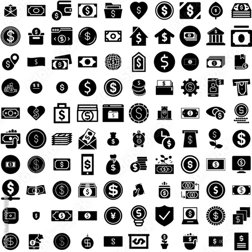 Collection Of 100 Dollar Icons Set Isolated Solid Silhouette Icons Including Currency, Business, Dollar, Banking, Finance, Bank, Money Infographic Elements Vector Illustration Logo
