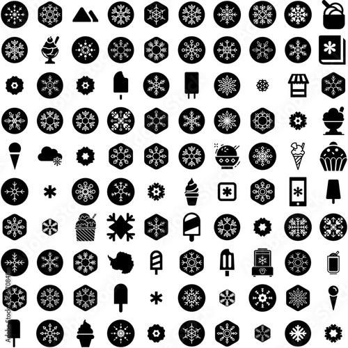 Collection Of 100 Frozen Icons Set Isolated Solid Silhouette Icons Including Product, Fresh, Cold, Background, Frozen, Food, Ice Infographic Elements Vector Illustration Logo