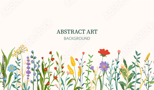 horizontal border, abstract art with summer meadow plants, wild flowers, leaves branch and Hand Drawn doodle Scribble floral plants. Design for wall decoration, postcard, poster and brochure