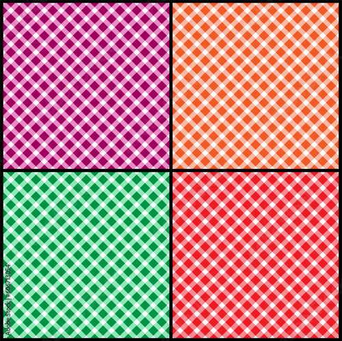Set of seamless diagonal patterns of squares, diamonds. Random colors.