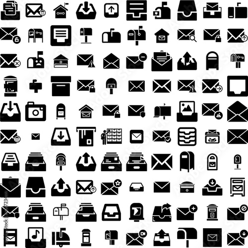 Collection Of 100 Mailbox Icons Set Isolated Solid Silhouette Icons Including Letter, Mail, Envelope, Address, Message, Send, Mailbox Infographic Elements Vector Illustration Logo