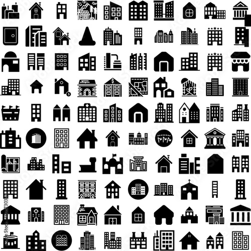 Collection Of 100 Buildings Icons Set Isolated Solid Silhouette Icons Including Office, City, Architecture, Urban, Business, Construction, Building Infographic Elements Vector Illustration Logo