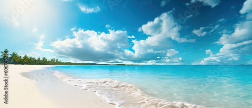 Beautiful background image of tropical beach. Bright summer sun over ocean. Blue sky with light clouds, turquoise ocean with surf and clear white sand. Harmony of clean environment