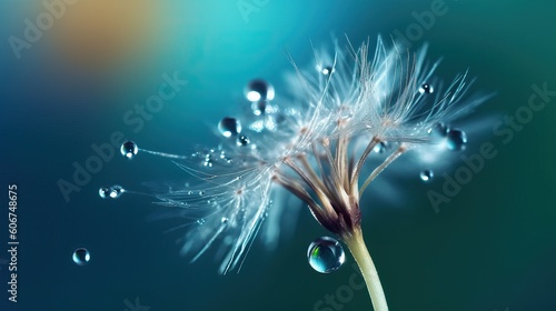 Beautiful shiny dew water drop on dandelion seed in nature. Close-up macro. Sparkling bokeh. Dark blue green background.