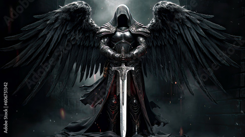 Dark angel holding big silver sword at dark fantasy scene. Postproducted generative AI illustration.