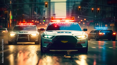 Police car chase through the streets of a city. Postproducted generative AI illustration.