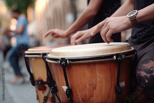 Two guys are playing drum kits on the street, close-up. Generative AI