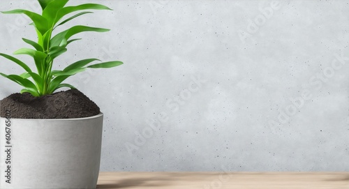 Plant in cement pot on a table against sand wall mock up, generative ai