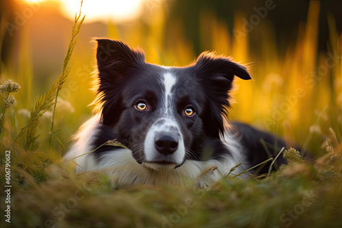 Border Collie photograph laying in the grass - Generative Ai