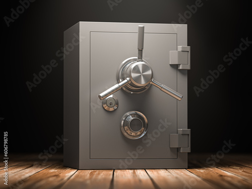 Bank vault safe in dark rooom.. Security and protection.